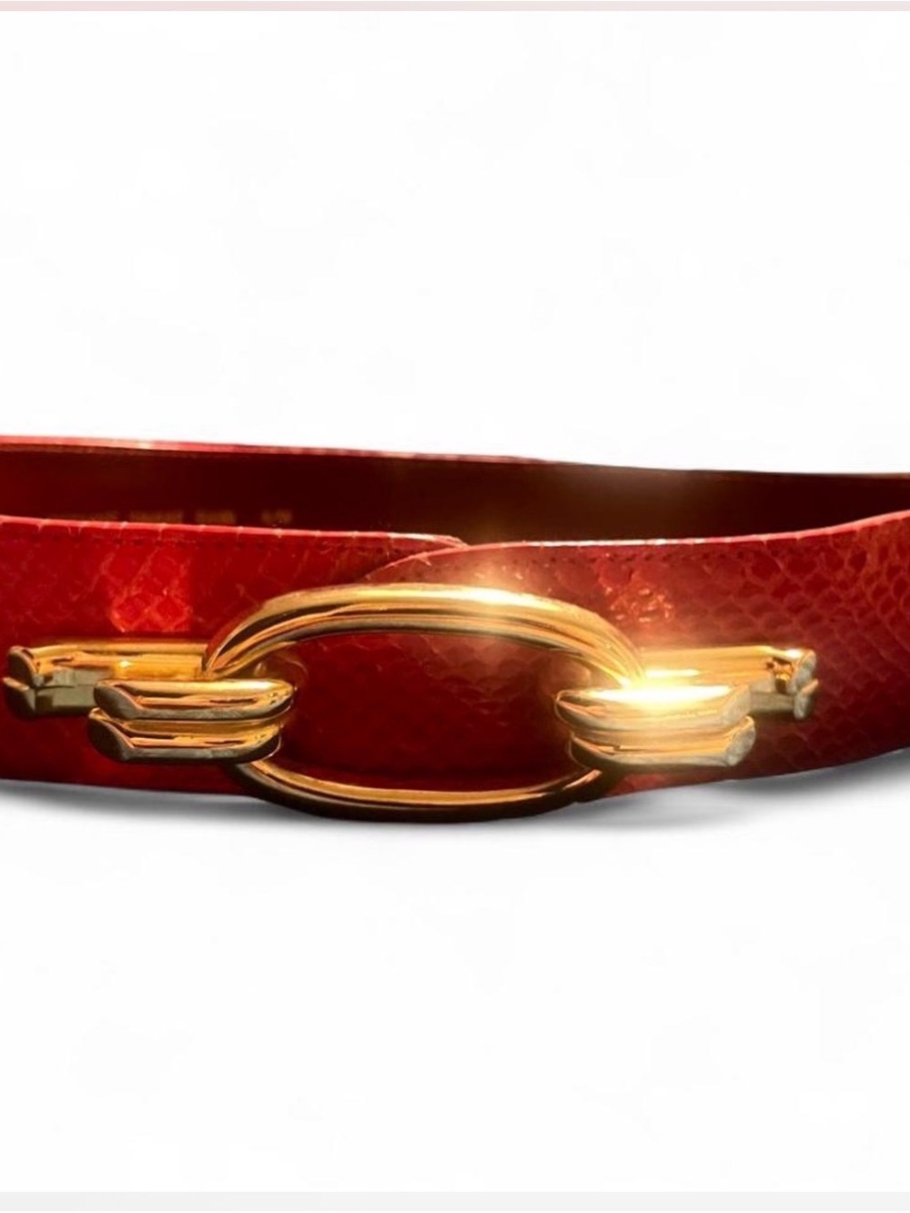VTG 90s Red Genuine Snakeskin Belt Gold Interlocking Clasp Hook Buckle